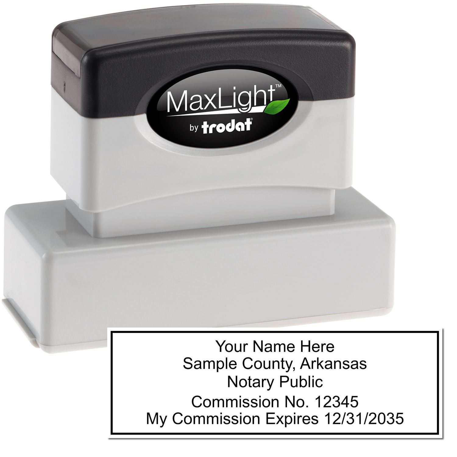 The main image for the MaxLight Premium Pre-Inked Arkansas Rectangular Notarial Stamp depicting a sample of the imprint and electronic files