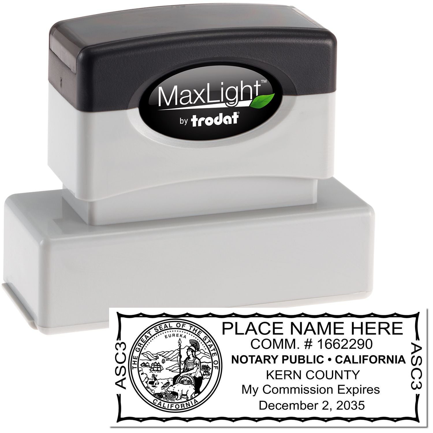 The main image for the MaxLight Premium Pre-Inked California State Seal Notarial Stamp depicting a sample of the imprint and electronic files