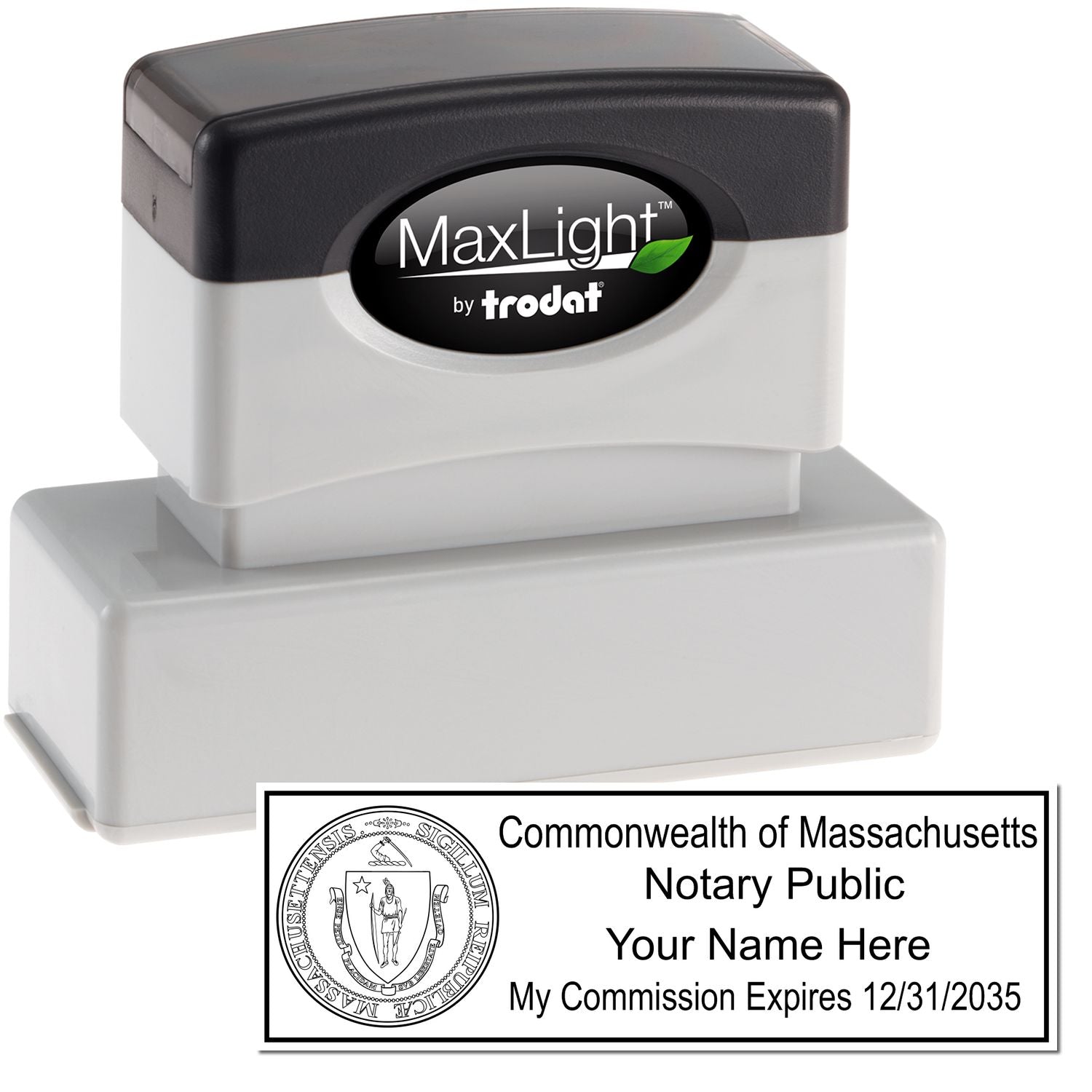 The main image for the MaxLight Premium Pre-Inked Massachusetts State Seal Notarial Stamp depicting a sample of the imprint and electronic files