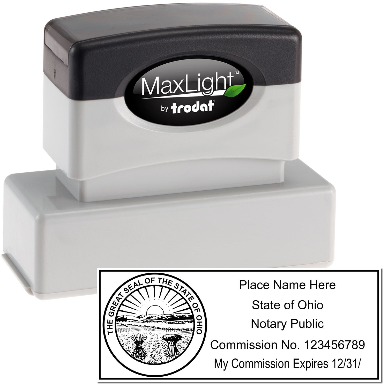 The main image for the MaxLight Premium Pre-Inked Ohio State Seal Notarial Stamp depicting a sample of the imprint and electronic files