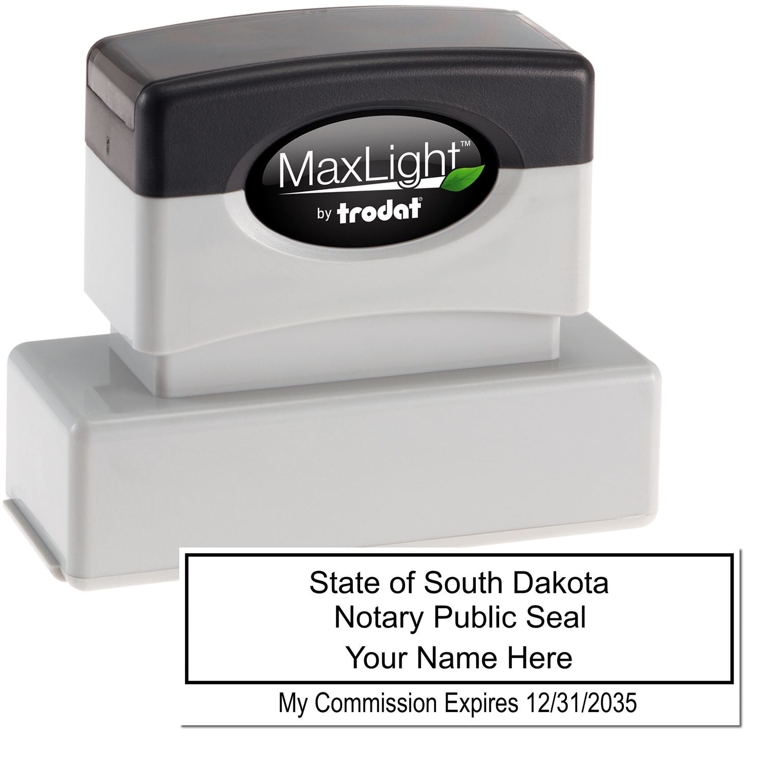 The main image for the MaxLight Premium Pre-Inked South Dakota Rectangular Notarial Stamp depicting a sample of the imprint and electronic files