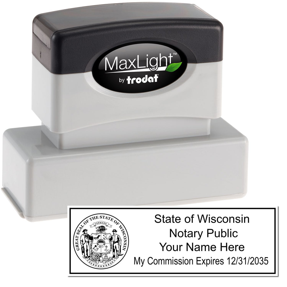 The main image for the MaxLight Premium Pre-Inked Wisconsin State Seal Notarial Stamp depicting a sample of the imprint and electronic files