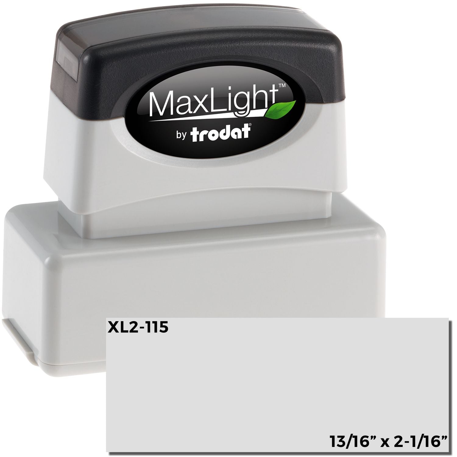 MaxLight XL2-115 Custom Pre-Inked Business Stamp 11/16 x 1-15/16 with black handle and white base, shown with sample imprint area.