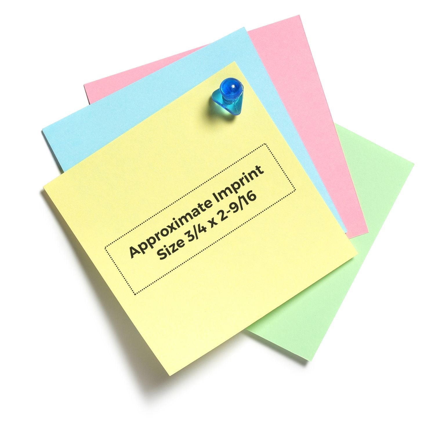 MaxLight XL2-145 Custom Pre-Inked Business Stamp 5/8 x 2-3/8 displayed on colorful sticky notes with a blue pushpin.