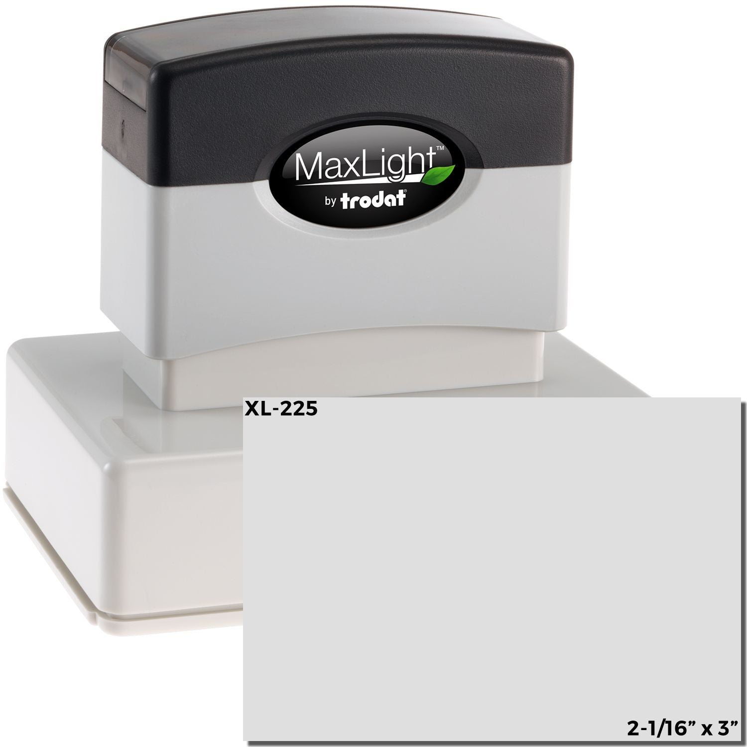 MaxLight XL2-225 Custom Pre-Inked Business Stamp 2 x 3, featuring a black and gray design with the MaxLight logo on the top.