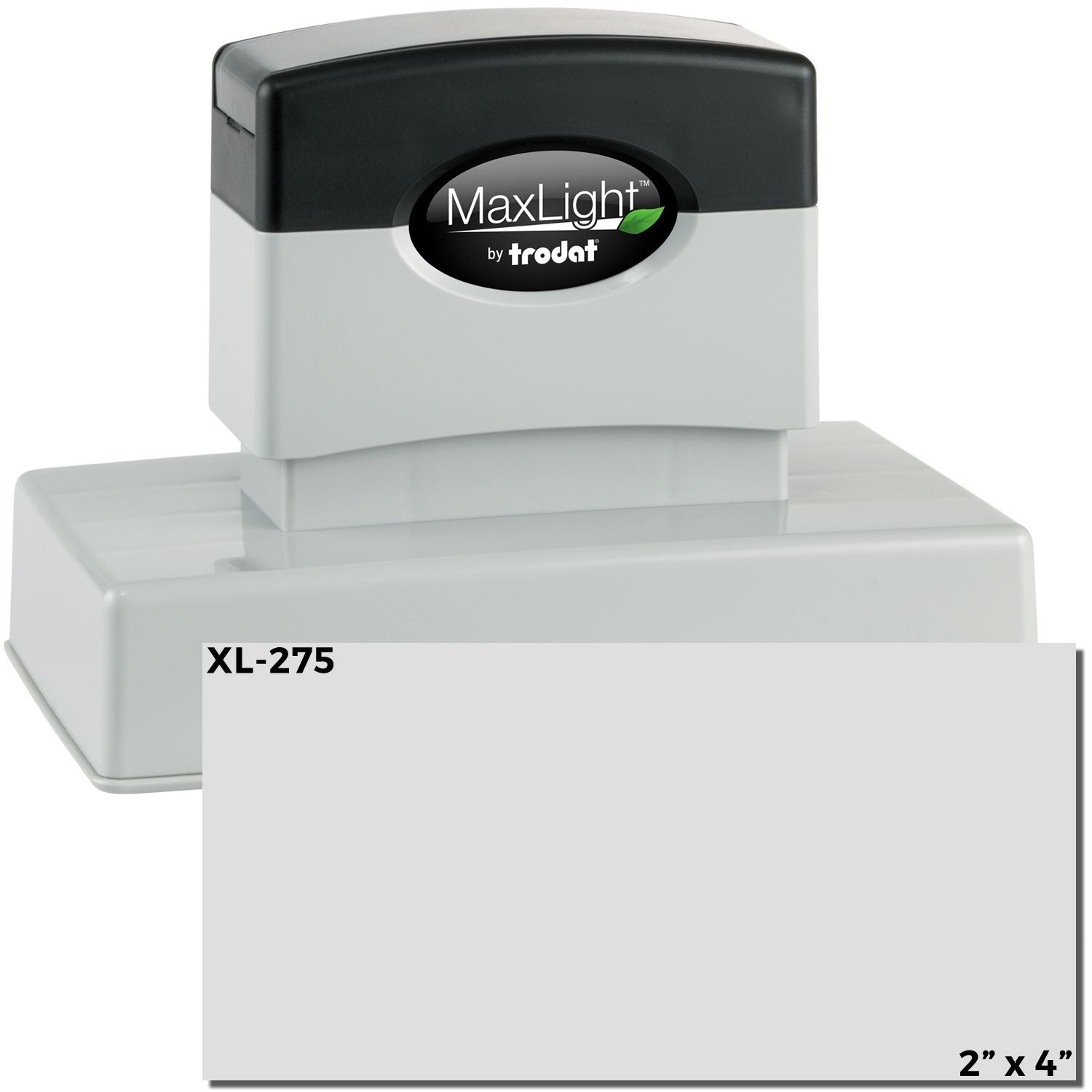 MaxLight XL2-275 Custom Pre-Inked Business Stamp 2 x 4, featuring a sleek black and gray design with a large imprint area.