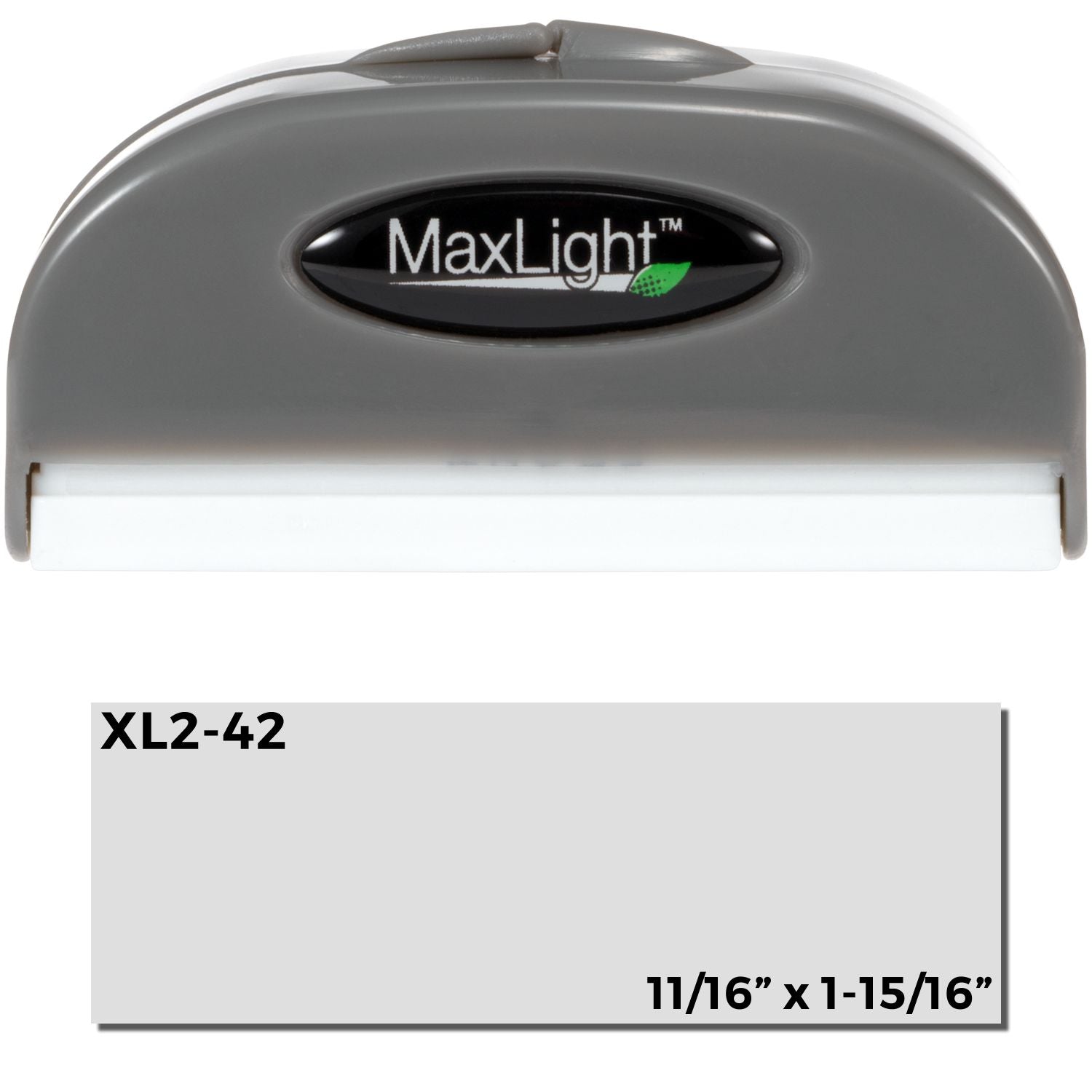 MaxLight XL2-42 Custom Pre-Inked Business Stamp 11/16 x 1-15/16, gray and white, with a sample imprint area below.