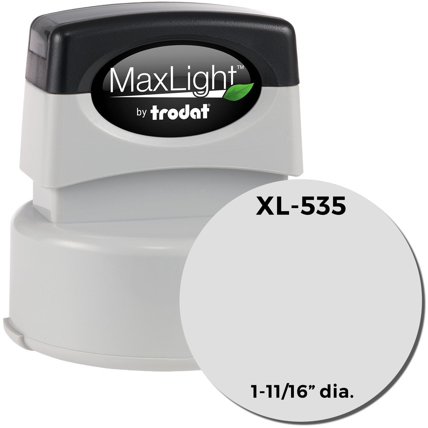 MaxLight XL2-535 Custom Pre-Inked Business Stamp 1-5/8 Diameter, shown with a black top and white base, alongside a size indicator.