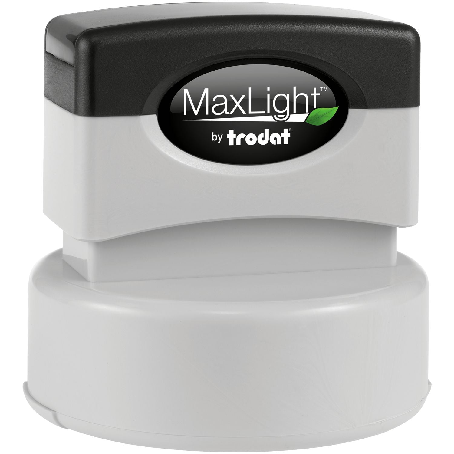 MaxLight XL2-655 Custom Pre-Inked Business Stamp 2 Diameter, featuring a sleek black and white design with the MaxLight logo on top.