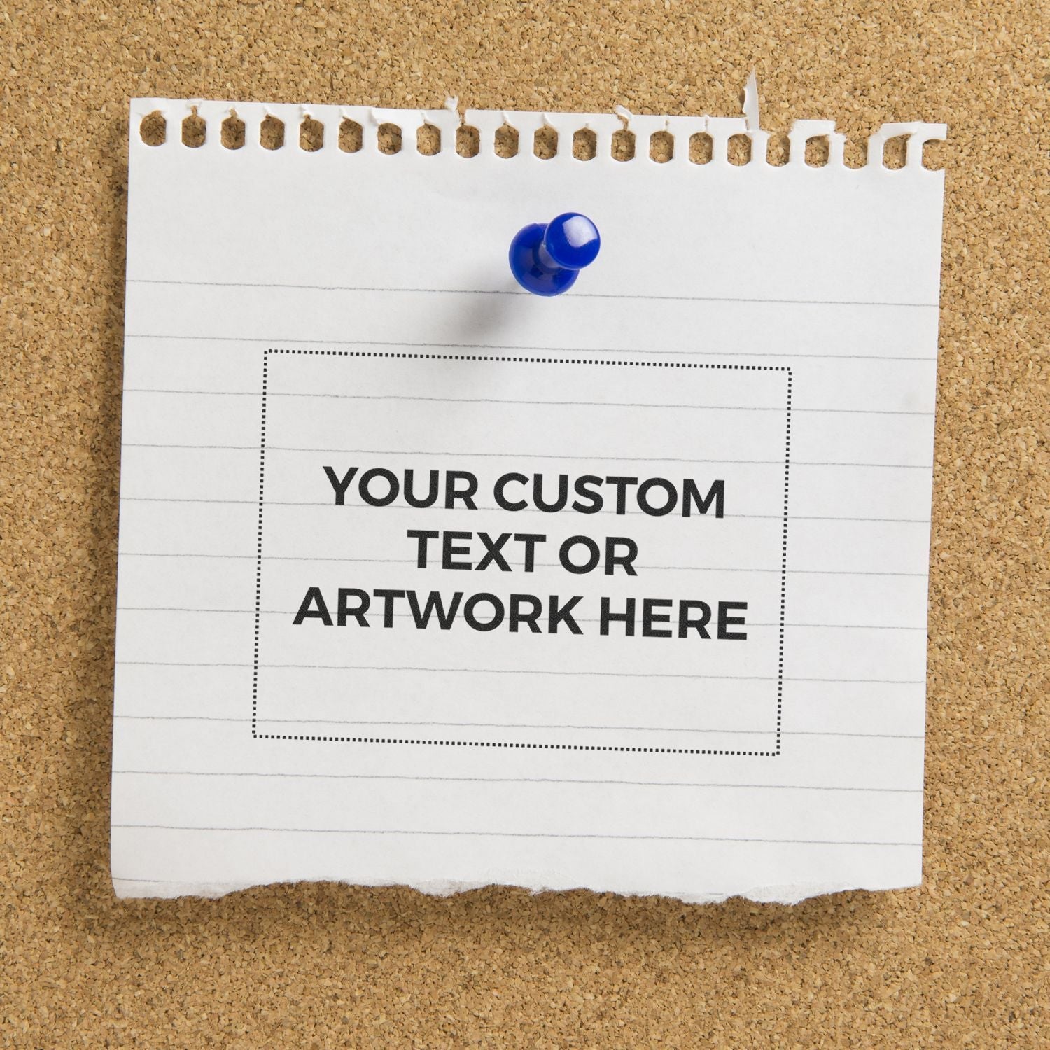 MaxLight XL2-700 Custom Pre-Inked Business Stamp 2-3/4-x 3-3/4 on a corkboard with a blue pushpin and a paper displaying Your Custom Text or Artwork Here .