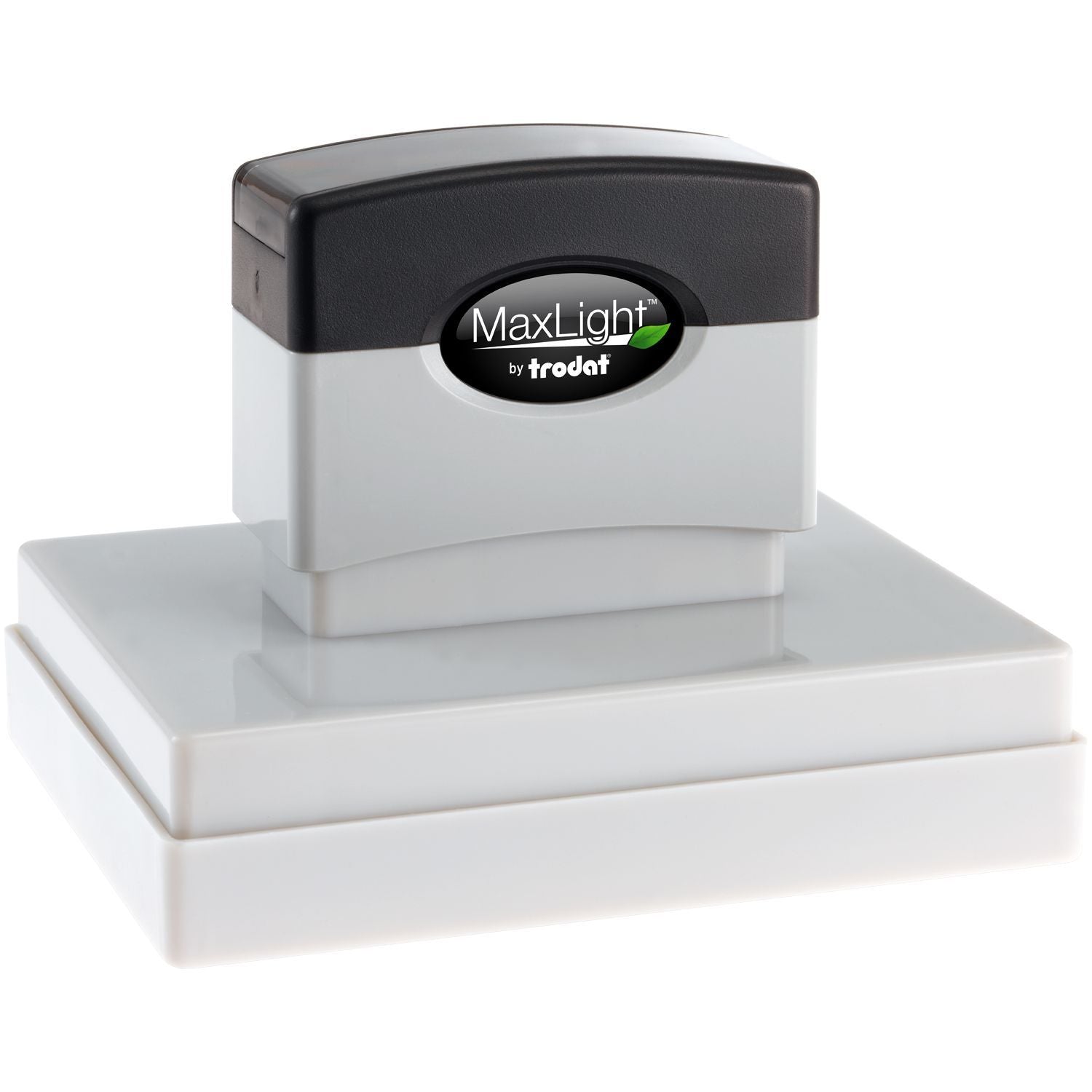 MaxLight XL2-700 Custom Pre-Inked Business Stamp 2-3/4 x 3-3/4, featuring a black and gray design with the MaxLight logo on the front.
