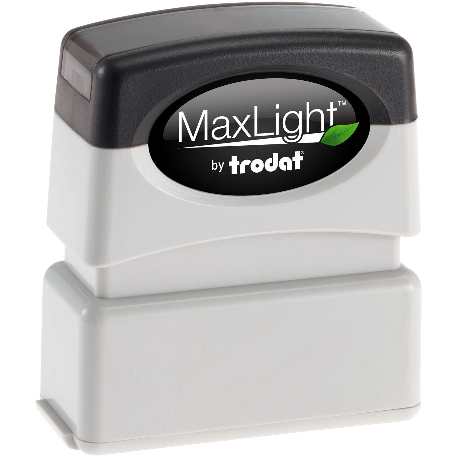 MaxLight XL2-75 Custom Pre-Inked Business Stamp 1/2 x 1-11/16 in white and black, with a green leaf logo on the front.