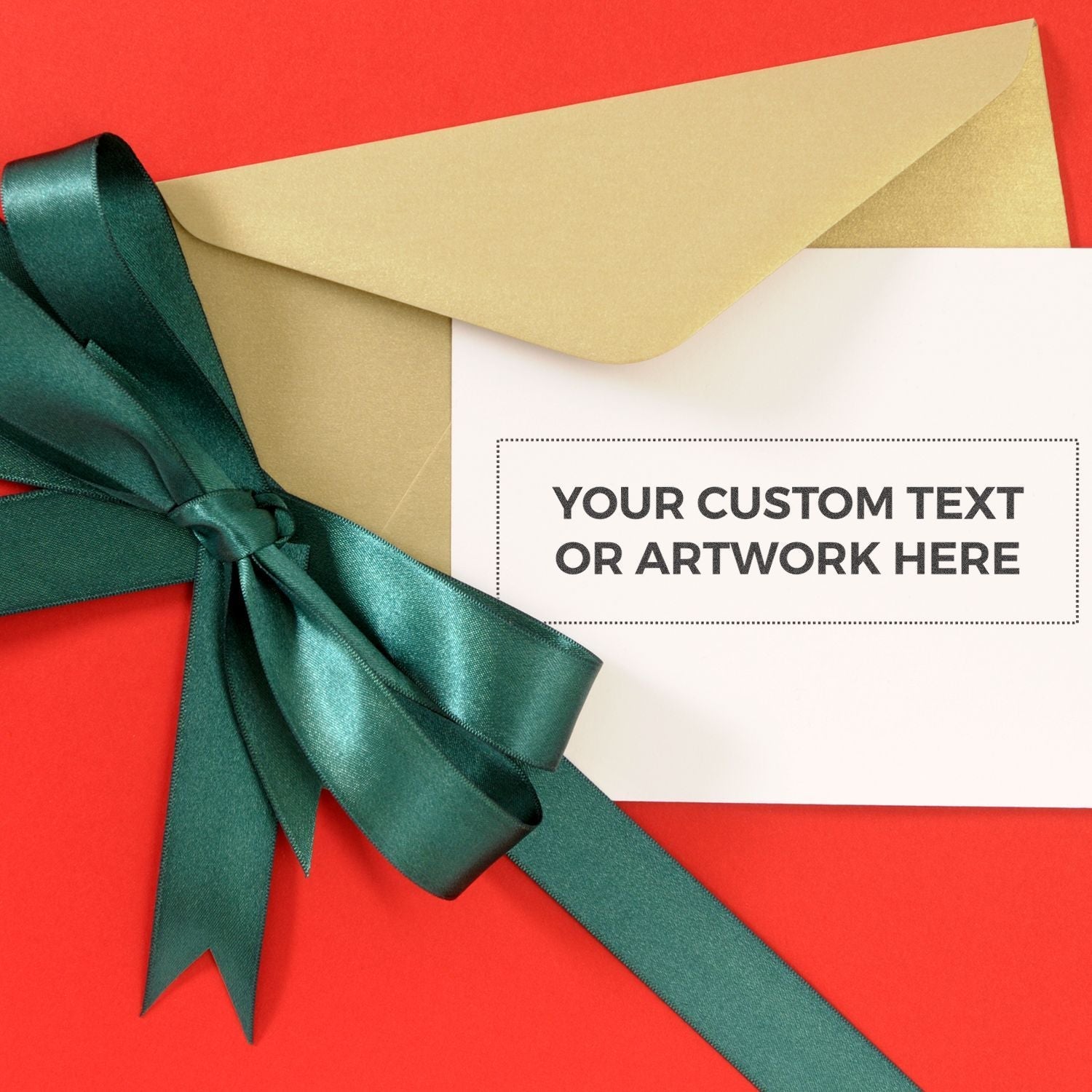 MaxLight XL2-750 Custom Pre-Inked Business Stamp 1-1/2 x 4-1/3 on a red background with a green ribbon and gold envelope.
