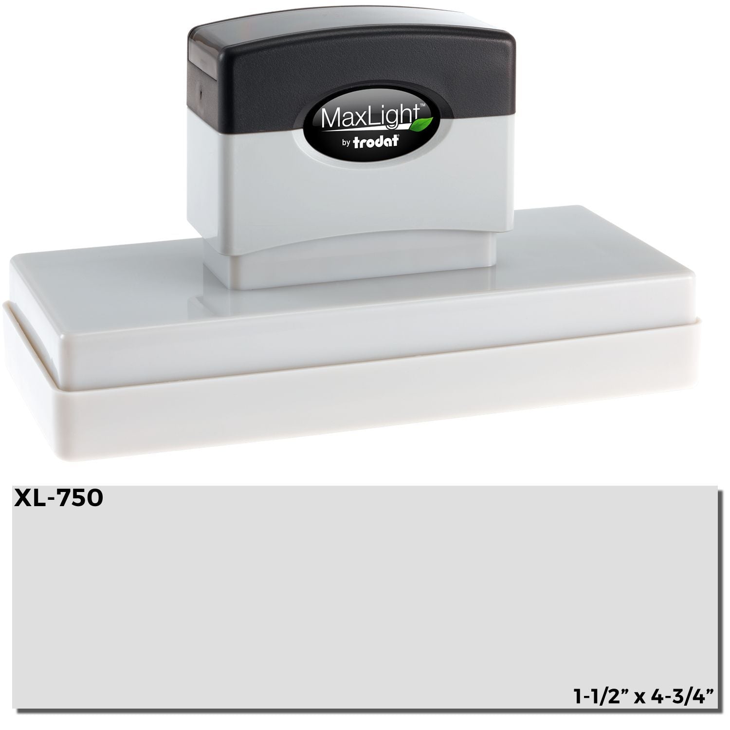 MaxLight XL2-750 Custom Pre-Inked Business Stamp 1-1/2 x 4-1/3, shown with black and white casing and product label.