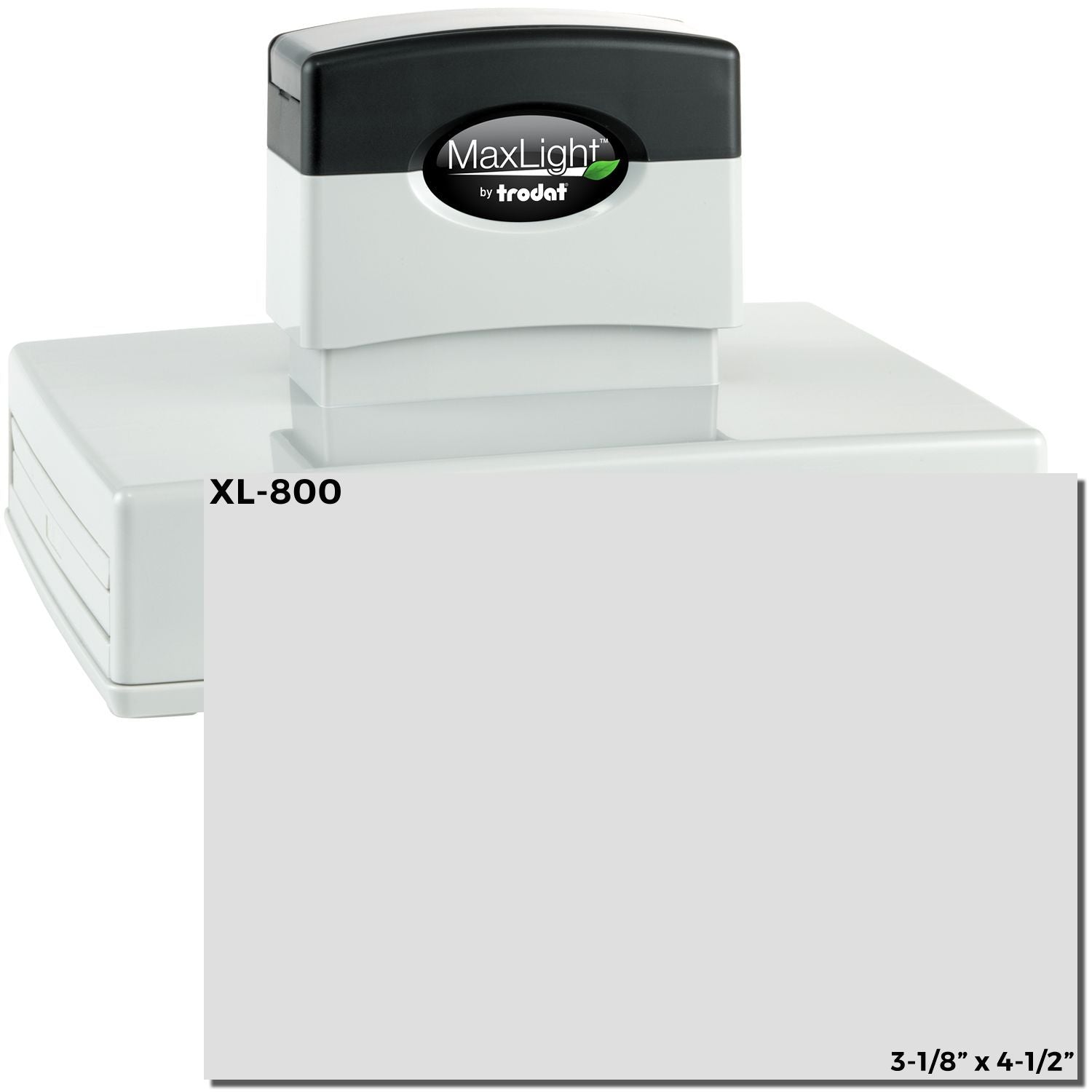 MaxLight XL2-800 Custom Pre-Inked Business Stamp 3-1/8 x 4-1/2, shown with a black and white design, and a large rectangular stamping area.