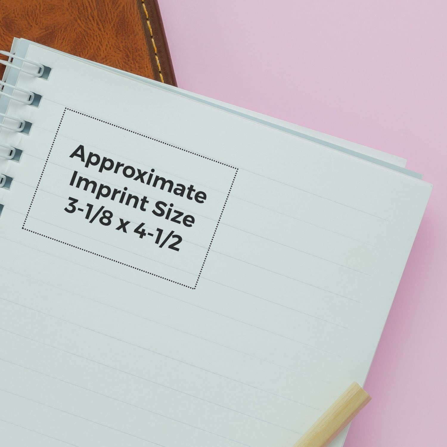 MaxLight XL2-800 Custom Pre-Inked Business Stamp 3-1/8 x 4-1/2 imprint size shown on a lined notebook with a pink background.