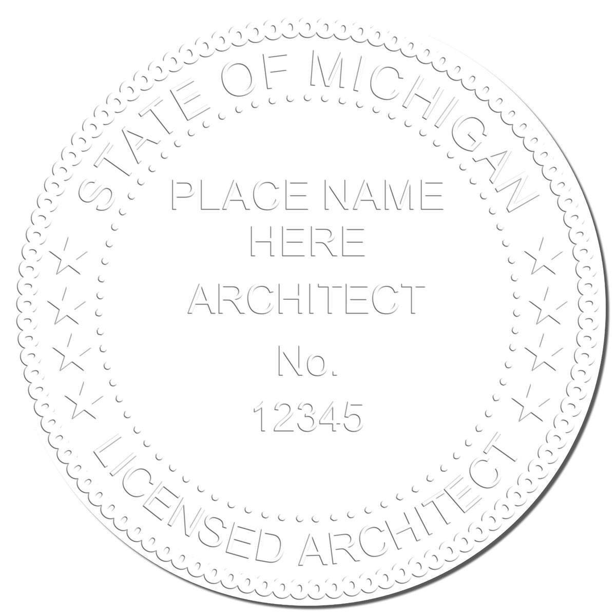 A photograph of the Handheld Michigan Architect Seal Embosser stamp impression reveals a vivid, professional image of the on paper.