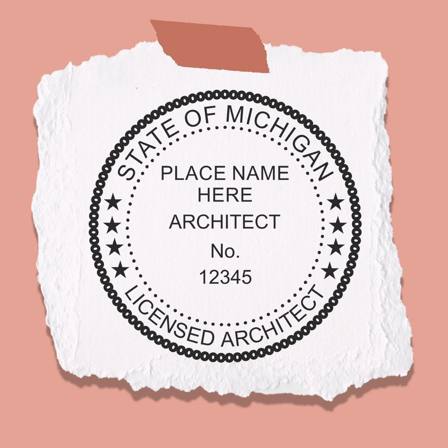 Premium MaxLight Pre-Inked Michigan Architectural Stamp on torn white paper with a peach background, displaying a customizable architect seal.