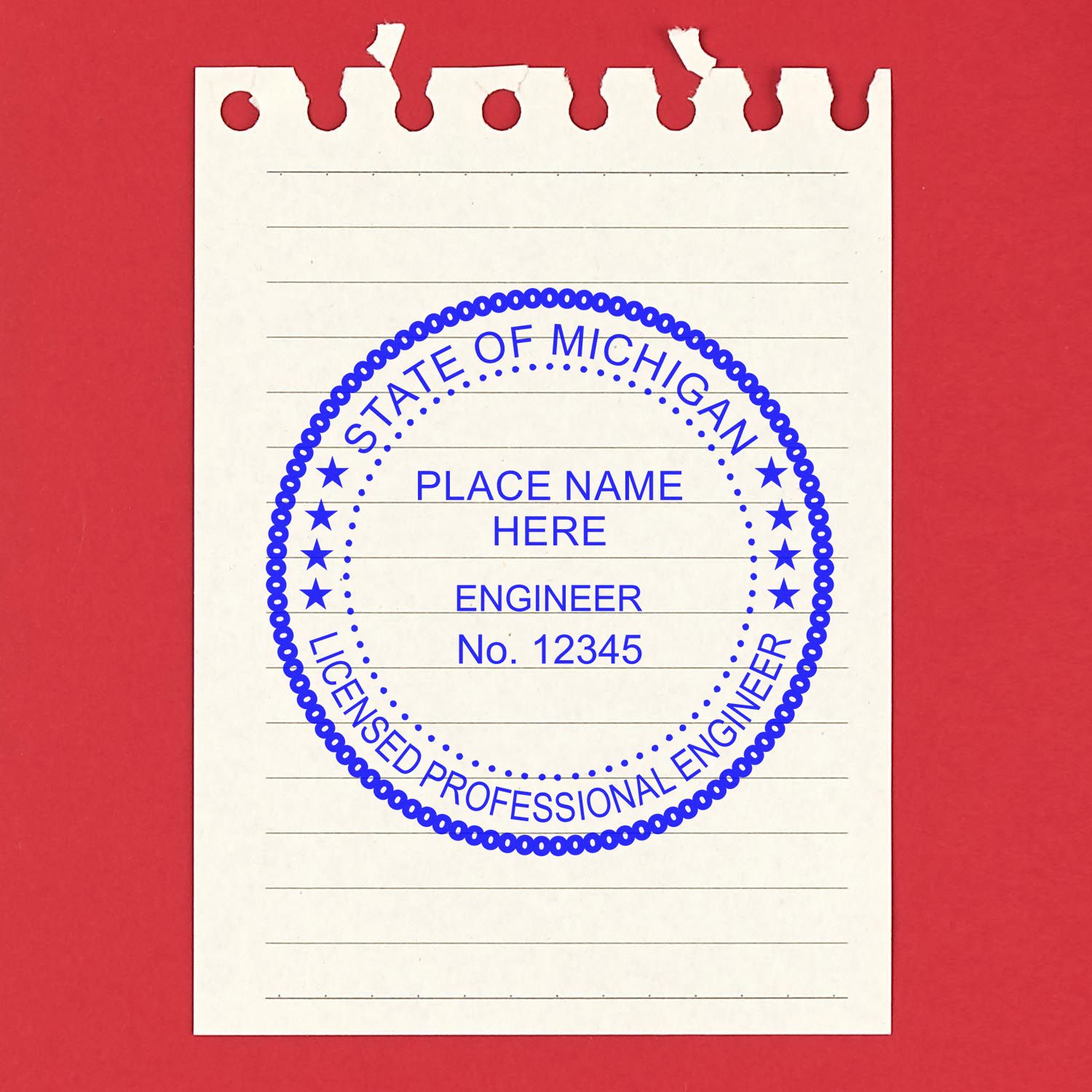 A lifestyle photo showing a stamped image of the Premium MaxLight Pre-Inked Michigan Engineering Stamp on a piece of paper
