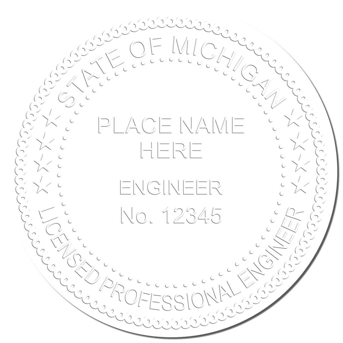 This paper is stamped with a sample imprint of the Heavy Duty Cast Iron Michigan Engineer Seal Embosser, signifying its quality and reliability.