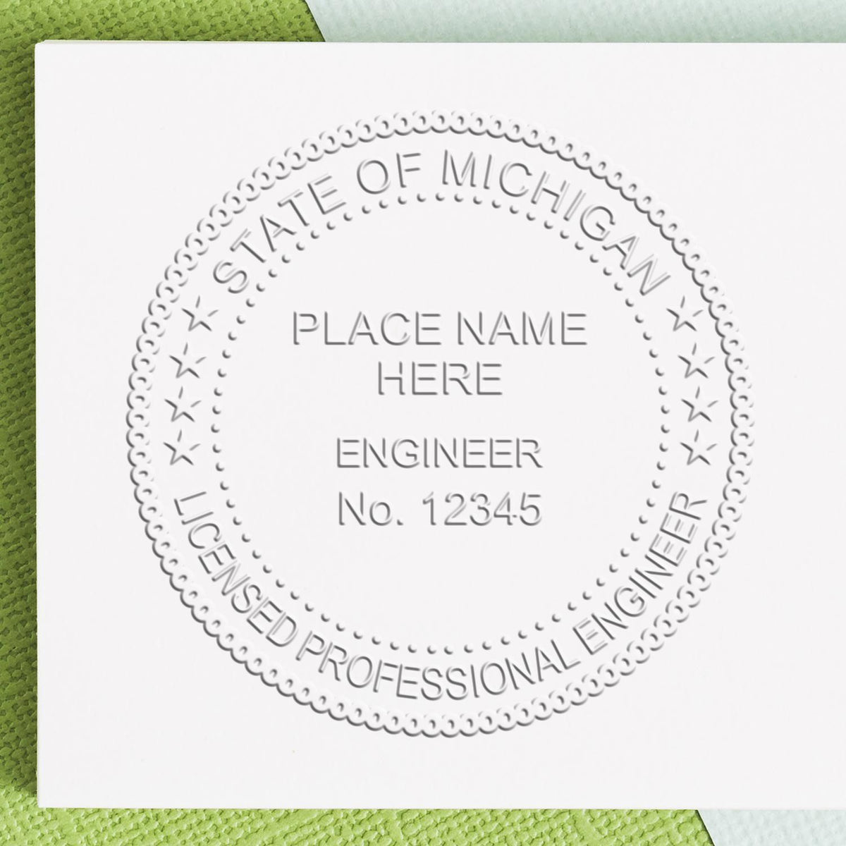 A stamped impression of the Soft Michigan Professional Engineer Seal in this stylish lifestyle photo, setting the tone for a unique and personalized product.