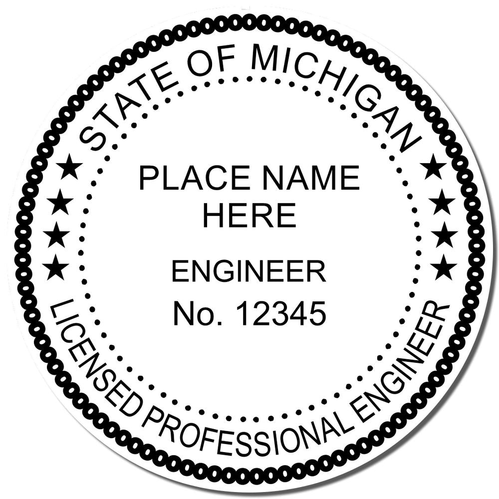 A photograph of the Slim Pre-Inked Michigan Professional Engineer Seal Stamp stamp impression reveals a vivid, professional image of the on paper.