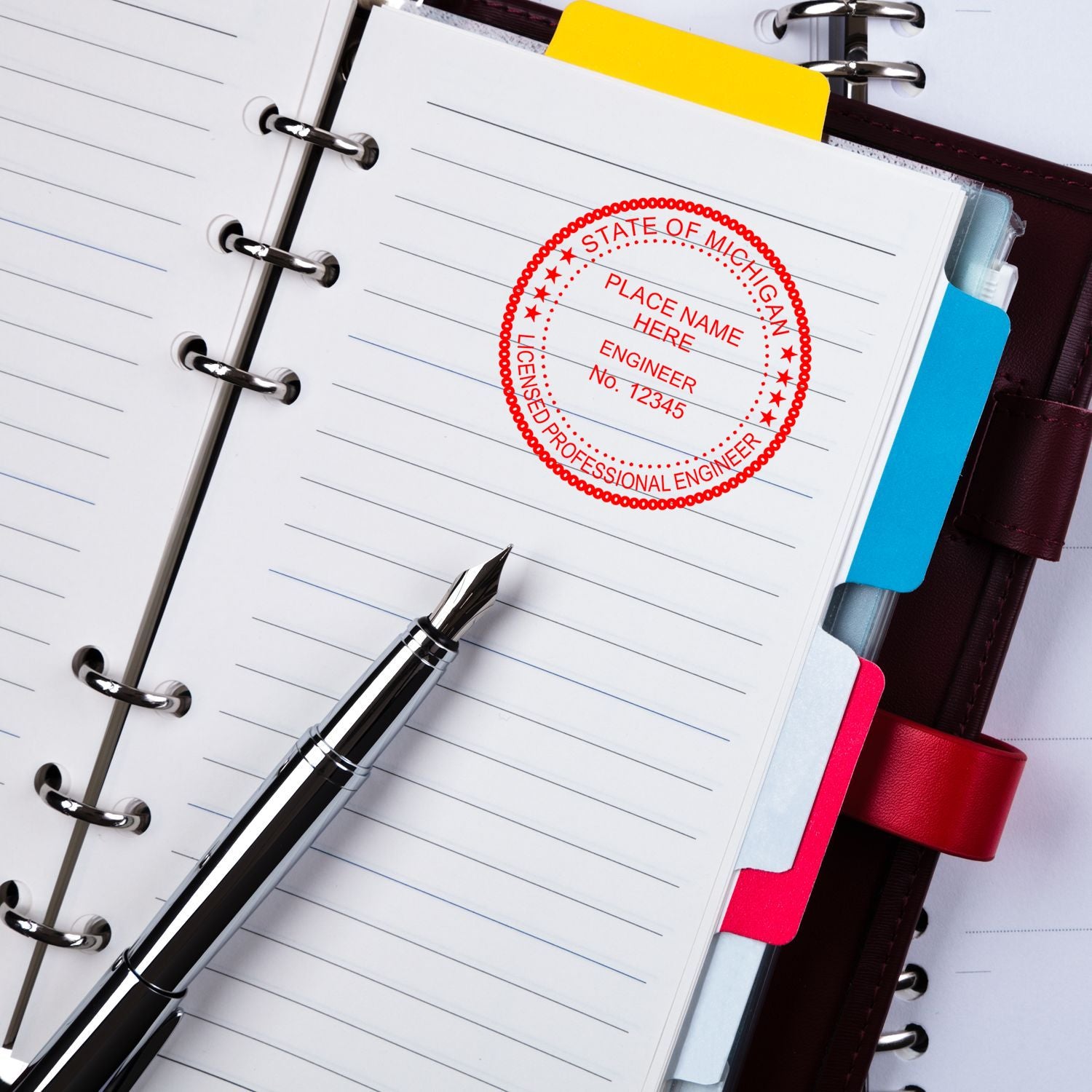 The Michigan Professional Engineer Seal Stamp stamp impression comes to life with a crisp, detailed photo on paper - showcasing true professional quality.