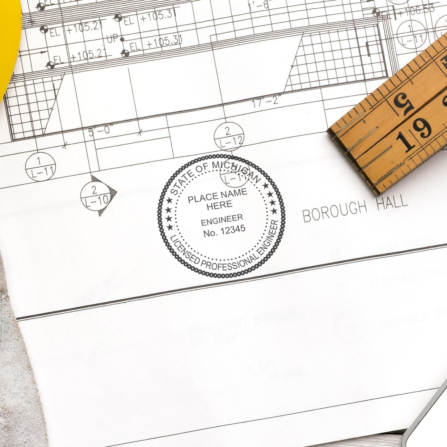 A photograph of the Michigan Professional Engineer Seal Stamp stamp impression reveals a vivid, professional image of the on paper.