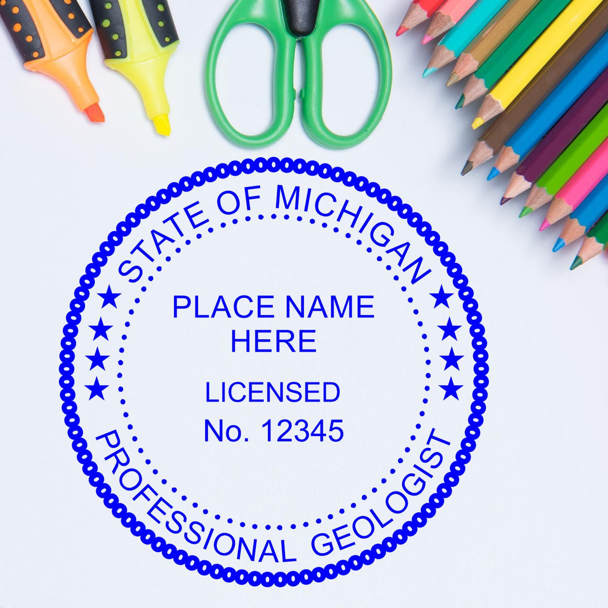 A stamped imprint of the Michigan Professional Geologist Seal Stamp in this stylish lifestyle photo, setting the tone for a unique and personalized product.