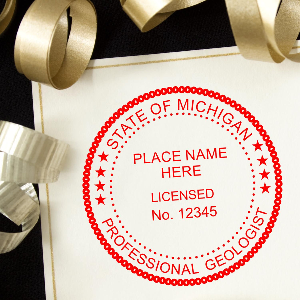 A lifestyle photo showing a stamped image of the Michigan Professional Geologist Seal Stamp on a piece of paper