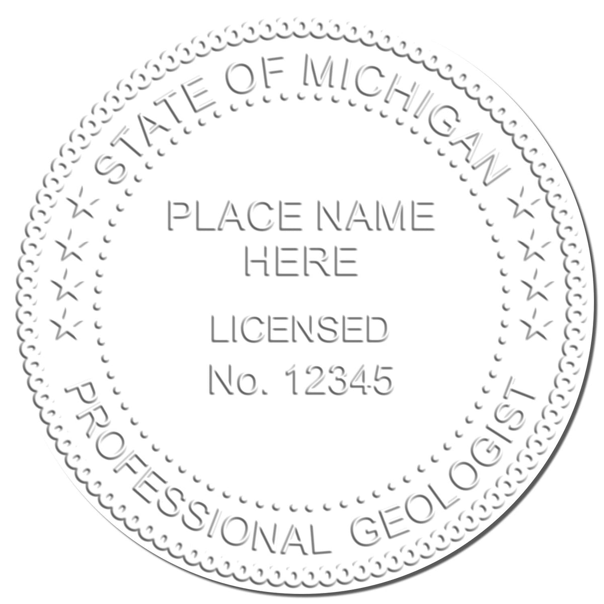 A photograph of the Hybrid Michigan Geologist Seal stamp impression reveals a vivid, professional image of the on paper.
