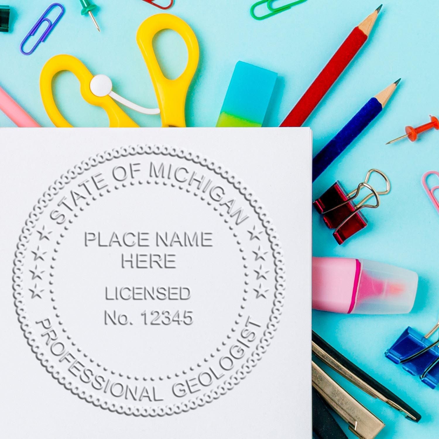 This paper is stamped with a sample imprint of the Long Reach Michigan Geology Seal, signifying its quality and reliability.