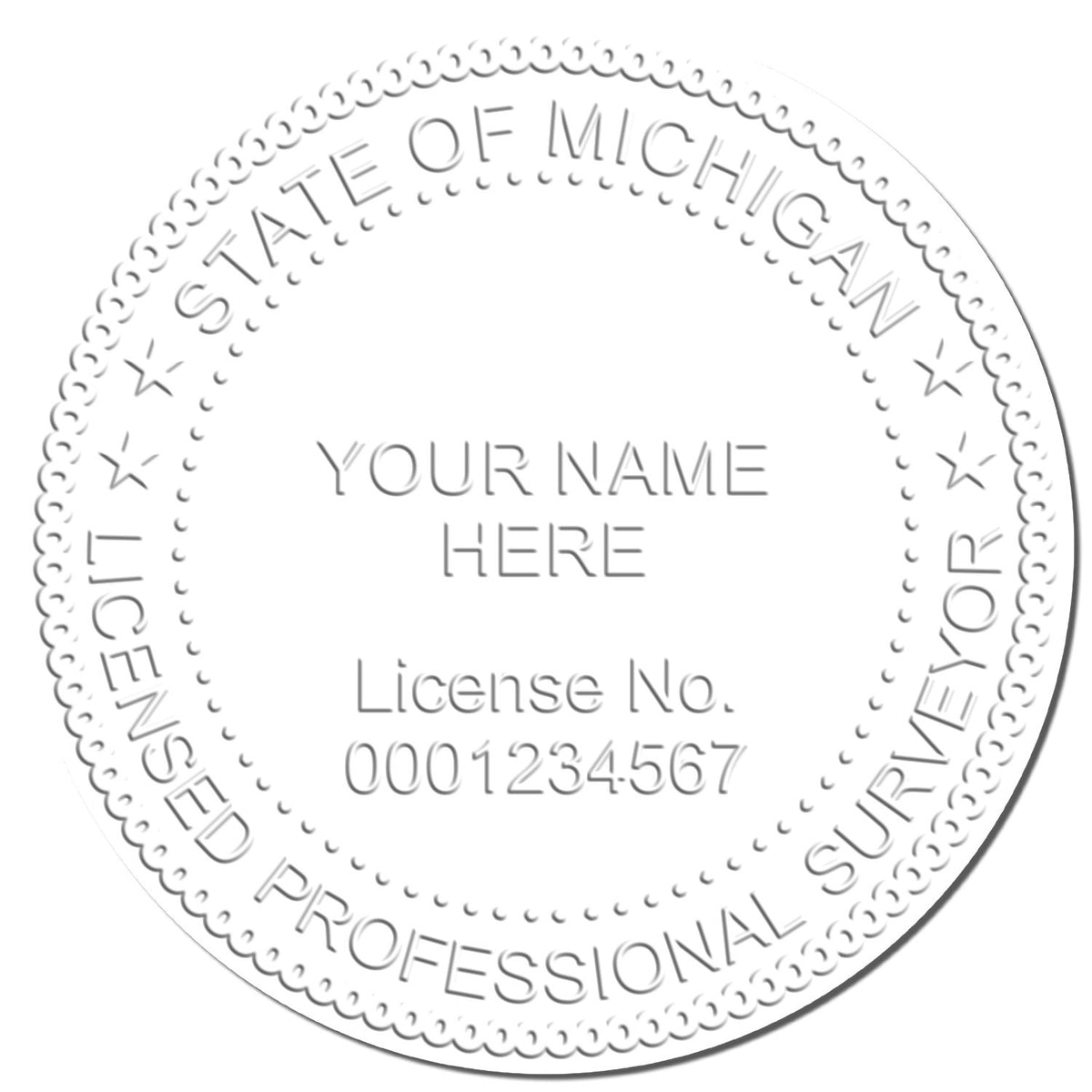 This paper is stamped with a sample imprint of the State of Michigan Soft Land Surveyor Embossing Seal, signifying its quality and reliability.