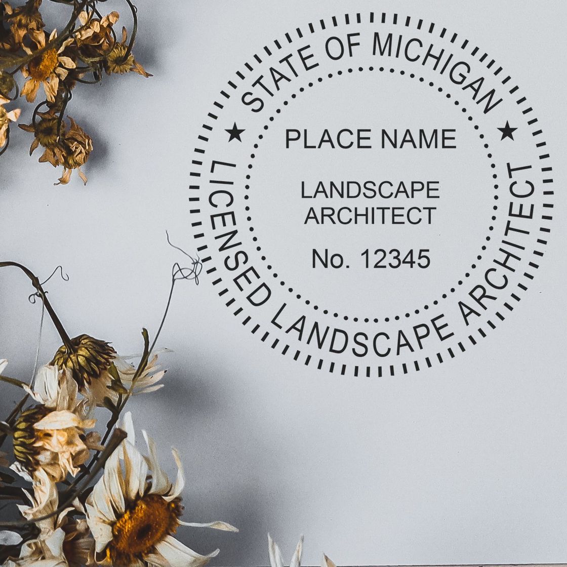 The main image for the Digital Michigan Landscape Architect Stamp depicting a sample of the imprint and electronic files