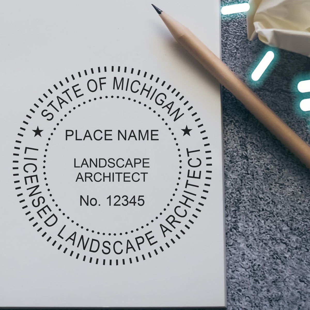 This paper is stamped with a sample imprint of the Slim Pre-Inked Michigan Landscape Architect Seal Stamp, signifying its quality and reliability.