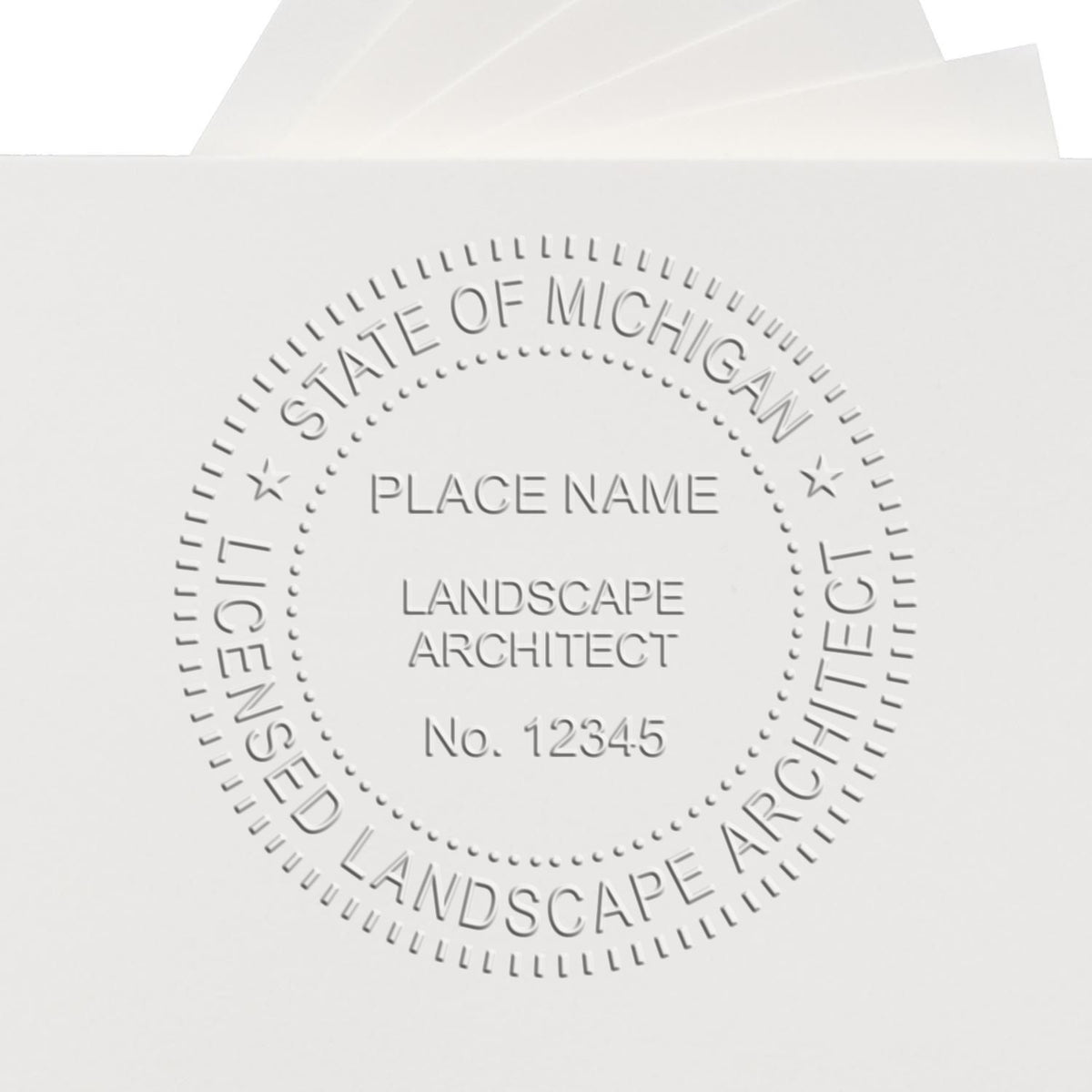 A photograph of the Hybrid Michigan Landscape Architect Seal stamp impression reveals a vivid, professional image of the on paper.