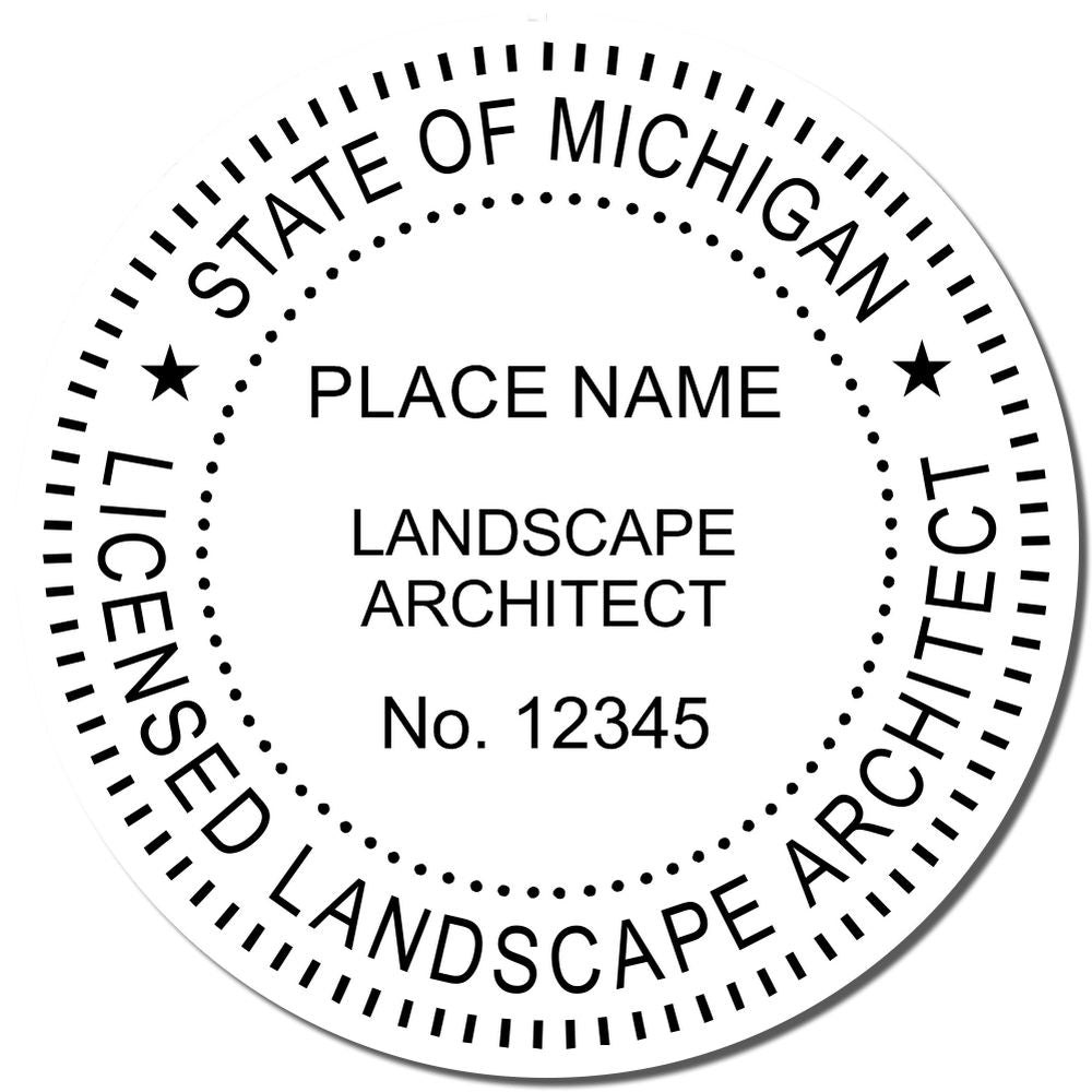 A lifestyle photo showing a stamped image of the Slim Pre-Inked Michigan Landscape Architect Seal Stamp on a piece of paper