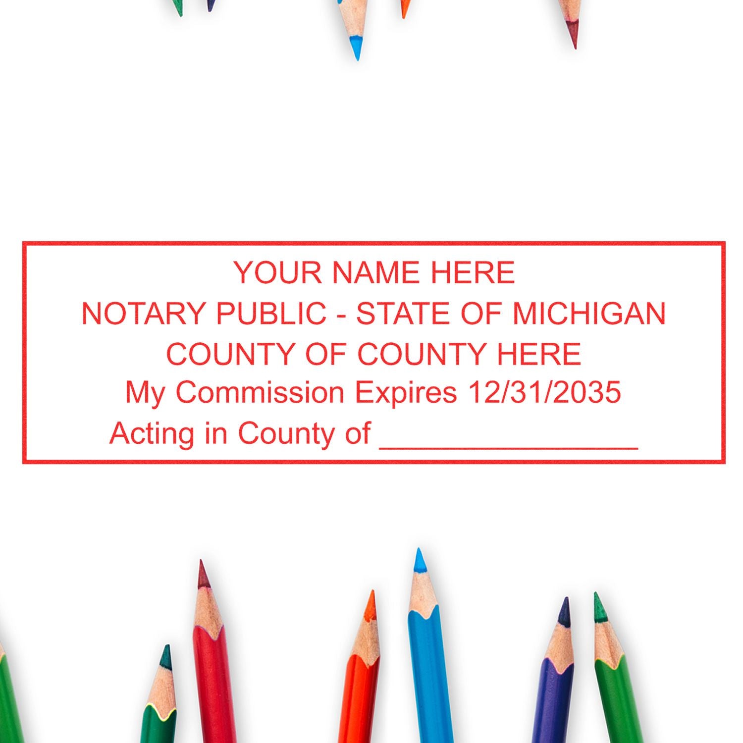 The main image for the PSI Michigan Notary Stamp depicting a sample of the imprint and electronic files