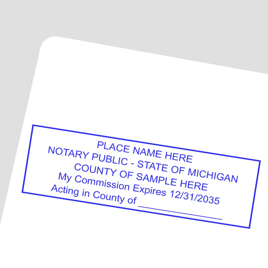 Slim Pre-Inked State Seal Notary Stamp for Michigan in use photo showing a stamped imprint of the Slim Pre-Inked State Seal Notary Stamp for Michigan