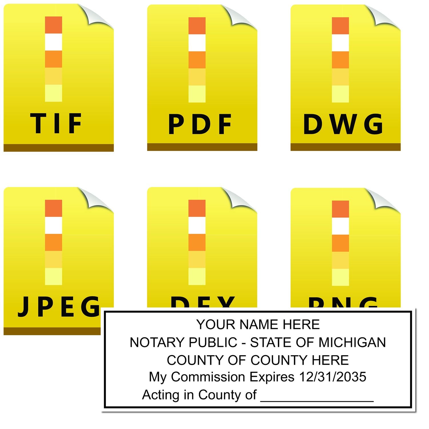 The main image for the Michigan Rectangular Digital Notary Seal depicting a sample of the imprint and electronic files