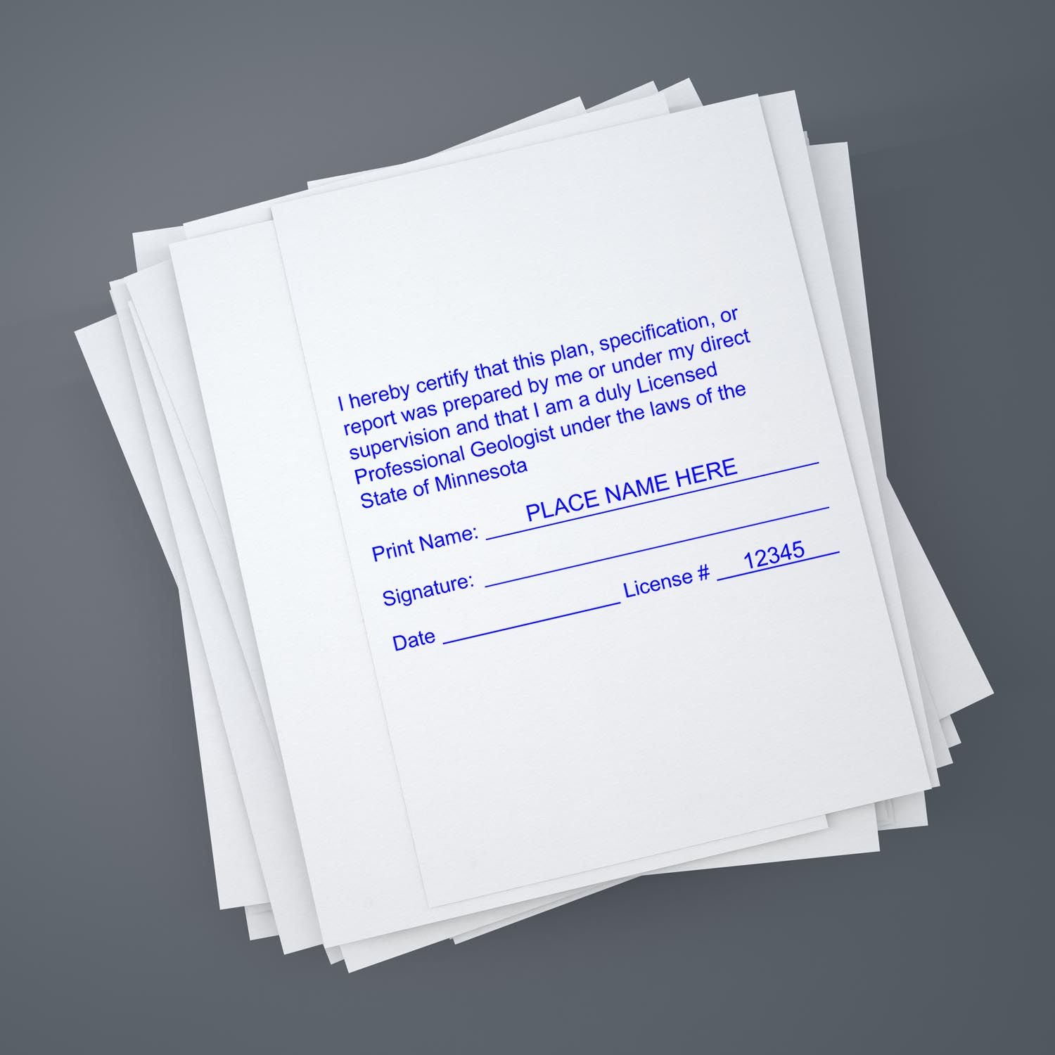 This paper is stamped with a sample imprint of the Self-Inking Minnesota Geologist Stamp, signifying its quality and reliability.