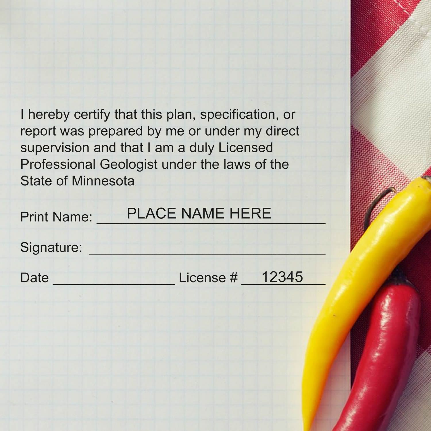 A photograph of the Minnesota Professional Geologist Seal Stamp stamp impression reveals a vivid, professional image of the on paper.