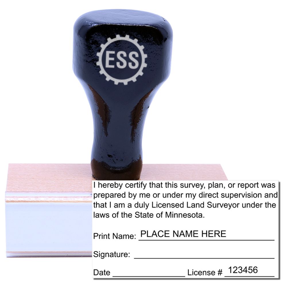 Minnesota Land Surveyor Seal Stamp, MN PLS Stamp with a wooden base and black handle, includes customizable name, signature, and license number.