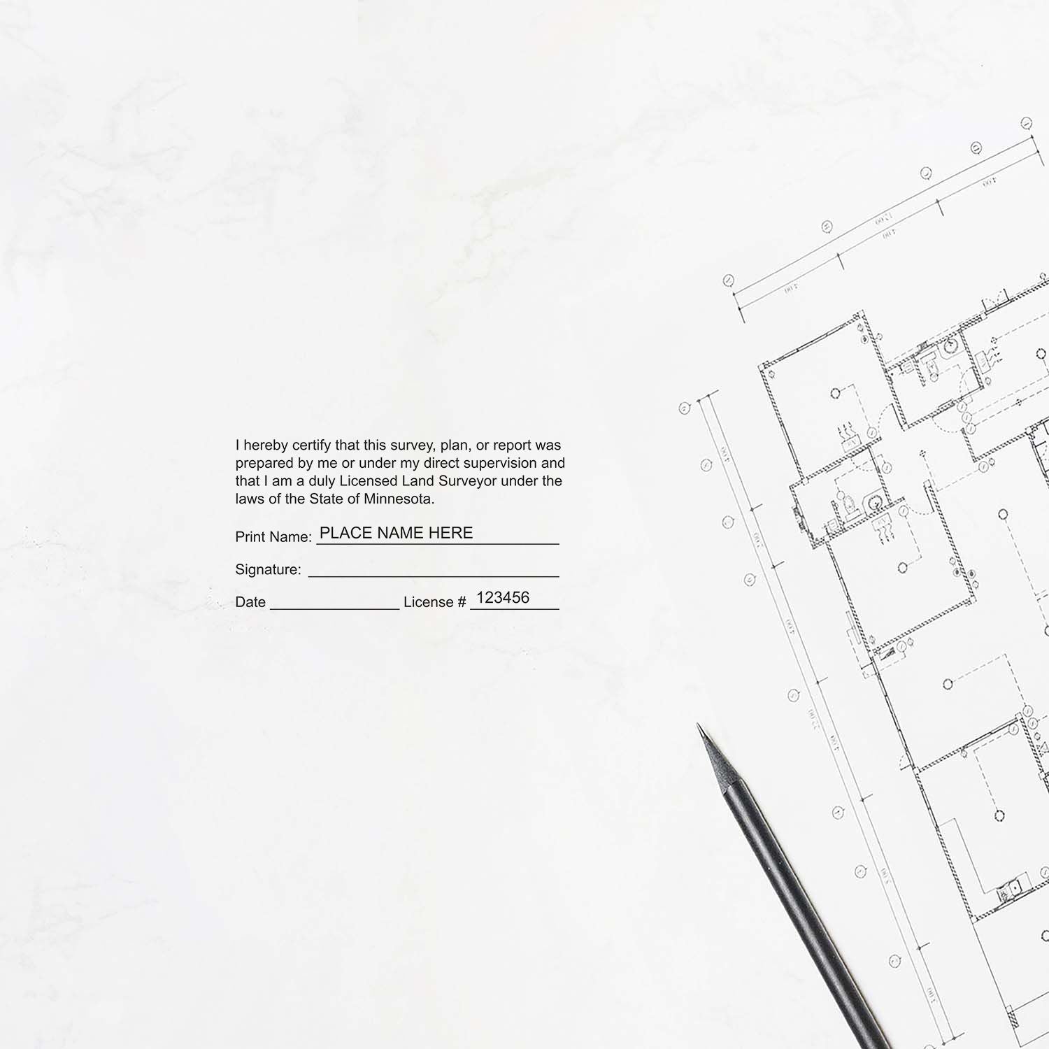Premium MaxLight Pre-Inked Minnesota Surveyors Stamp in use on a survey document next to a pen and architectural blueprint.