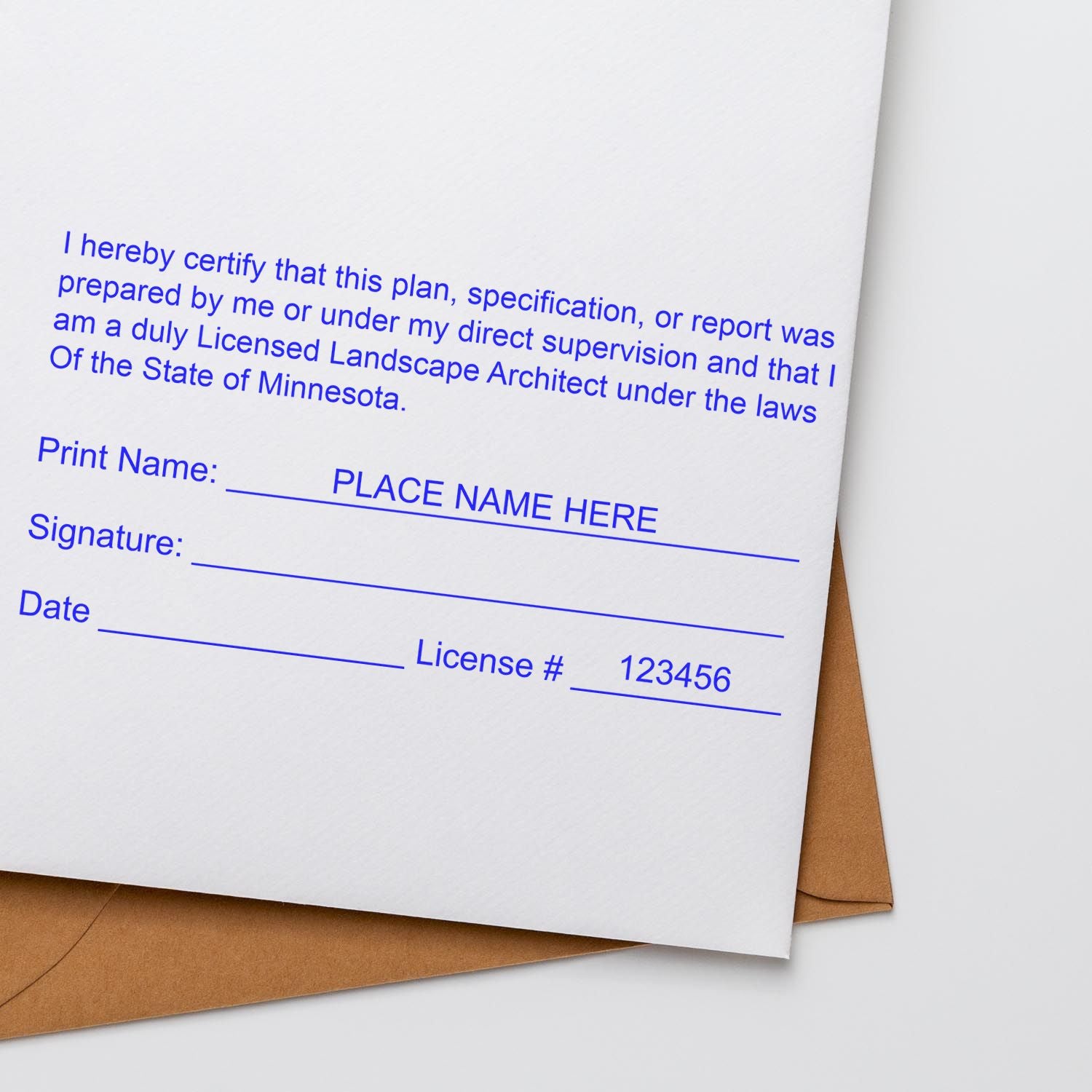 The Premium MaxLight Pre-Inked Minnesota Landscape Architectural Stamp stamp impression comes to life with a crisp, detailed photo on paper - showcasing true professional quality.