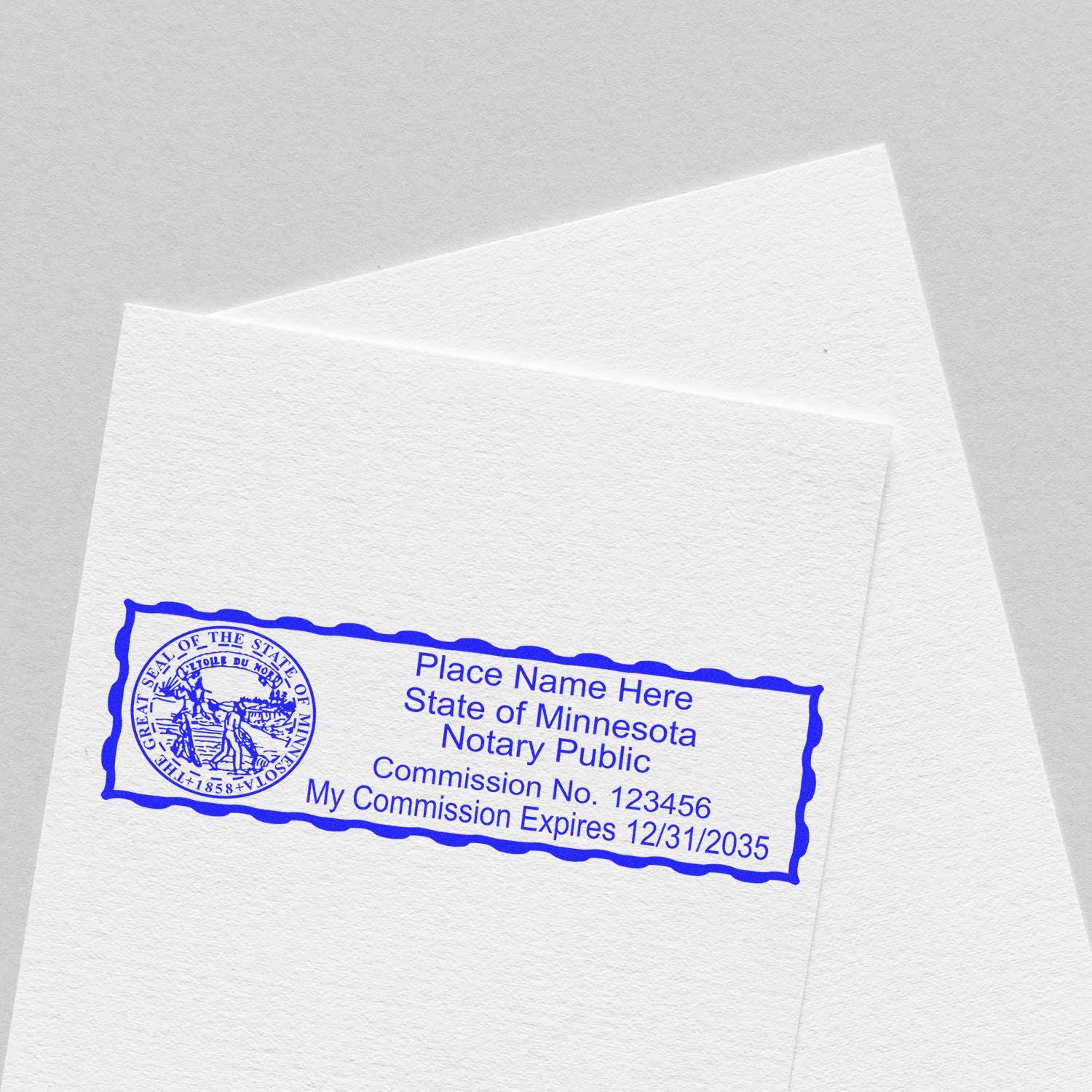 The main image for the Super Slim Minnesota Notary Public Stamp depicting a sample of the imprint and electronic files