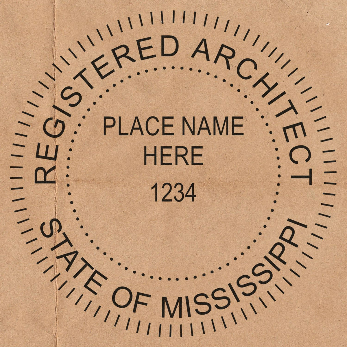 Slim Pre-Inked Mississippi Architect Seal Stamp in use photo showing a stamped imprint of the Slim Pre-Inked Mississippi Architect Seal Stamp