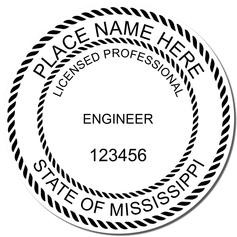 An alternative view of the Digital Mississippi PE Stamp and Electronic Seal for Mississippi Engineer stamped on a sheet of paper showing the image in use