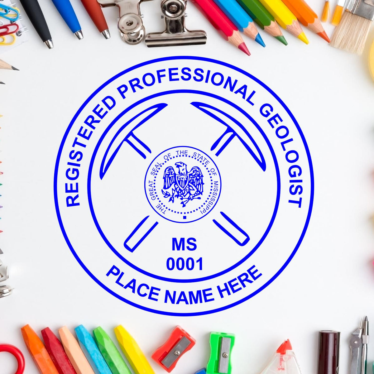 The Slim Pre-Inked Mississippi Professional Geologist Seal Stamp stamp impression comes to life with a crisp, detailed image stamped on paper - showcasing true professional quality.