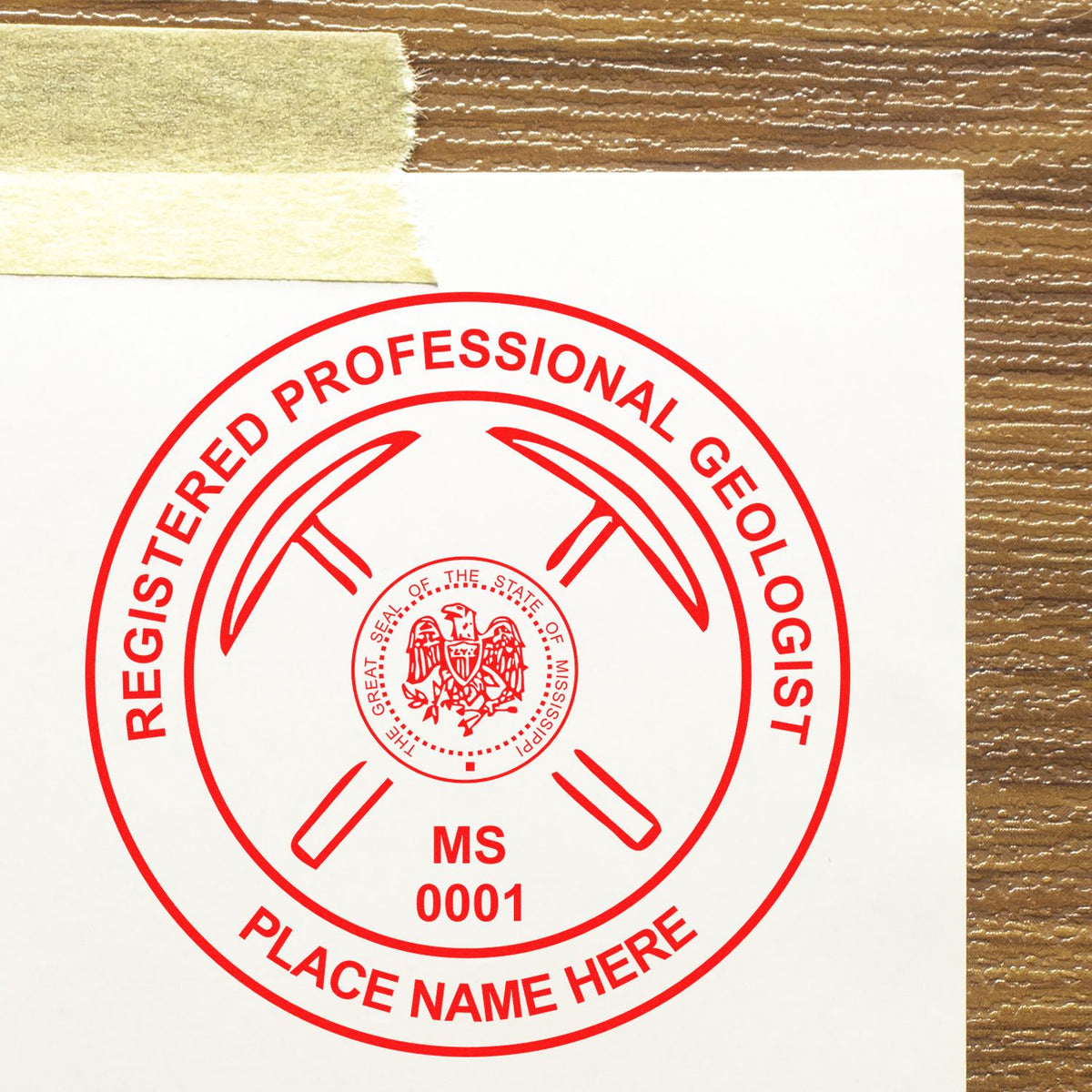 An in use photo of the Slim Pre-Inked Mississippi Professional Geologist Seal Stamp showing a sample imprint on a cardstock